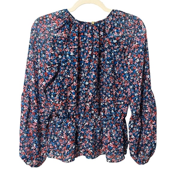 Draper James Floral Jewel Neck Puff Sleeve Blouse Blue Pink Multi XS Feminine - Picture 1 of 5